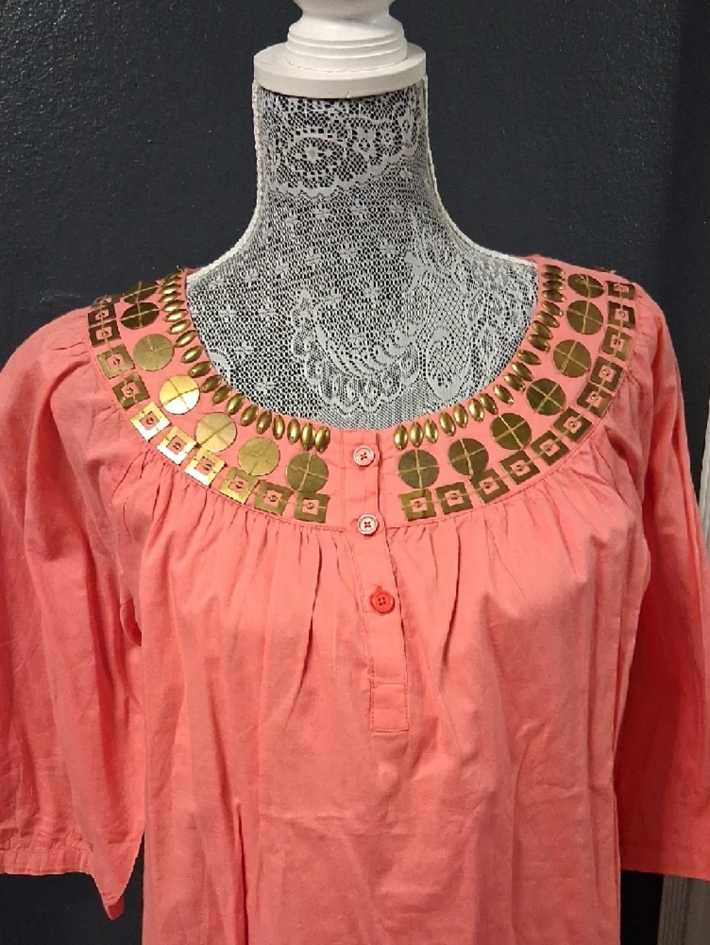 Michael Kors Coral Scoop Neck Tunic with Gold Embellished Yoke - Picture 2 of 8